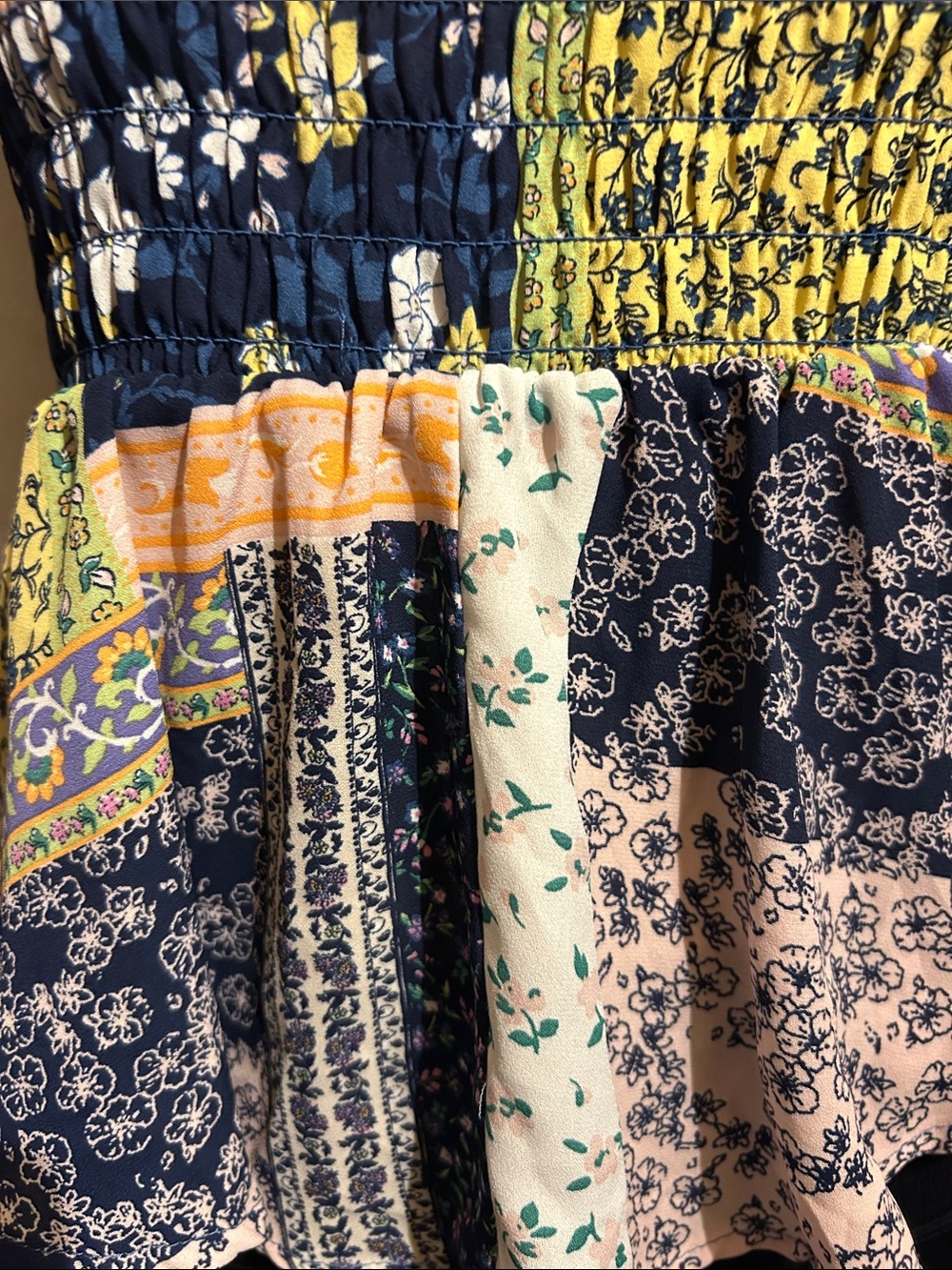 Sienna Sky Navy Yellow Patchwork Smocked Strapless Crop Top - Picture 2 of 7